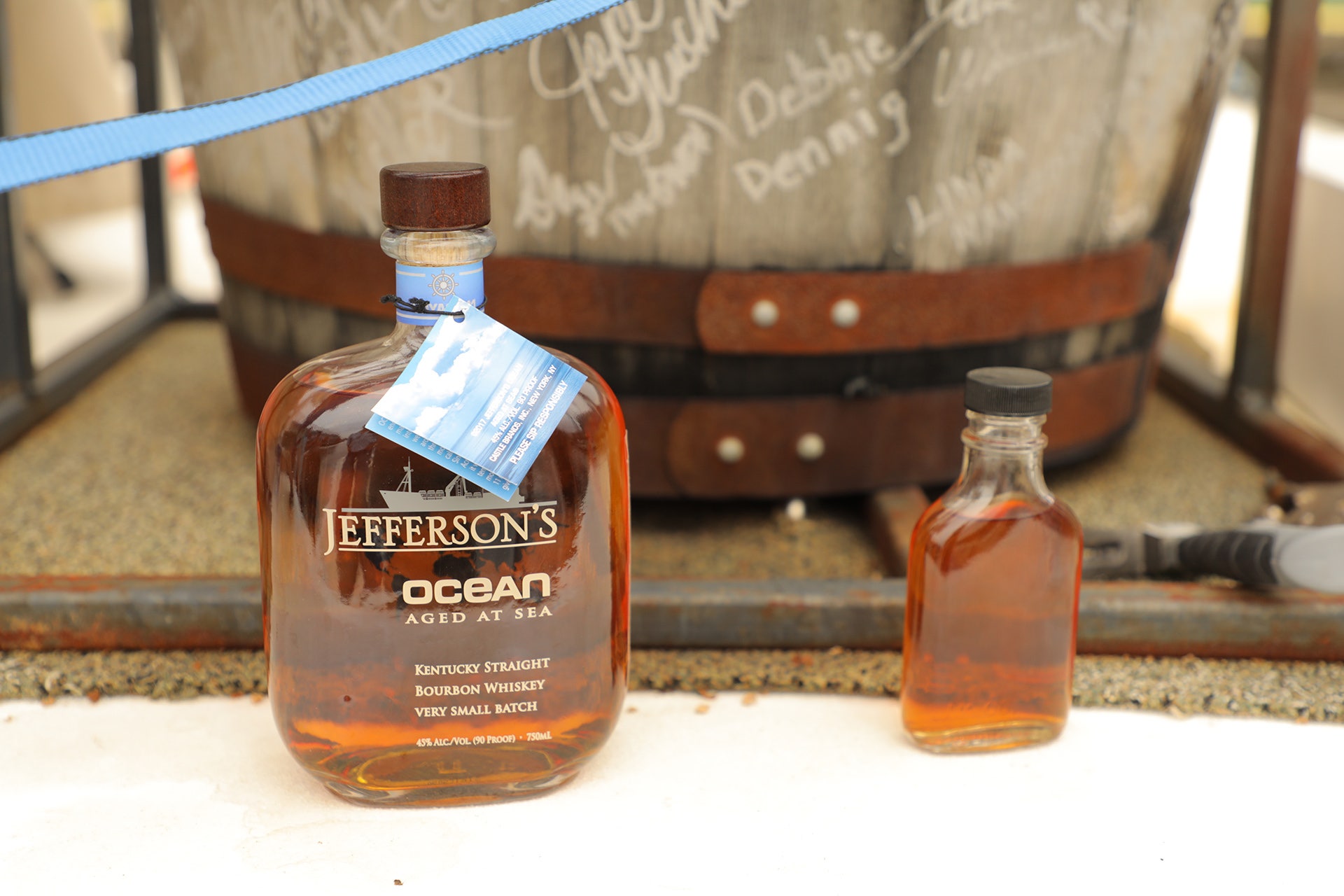 A bottle of Jefferson's Ocean bottling, next to a sample of the newest experiment / Photo by Kristen Richard