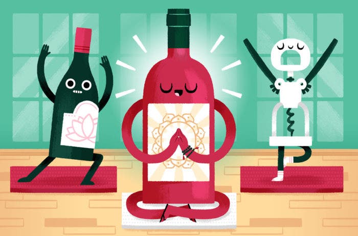 Illustration of wine bottles and corkscrews doing yoga