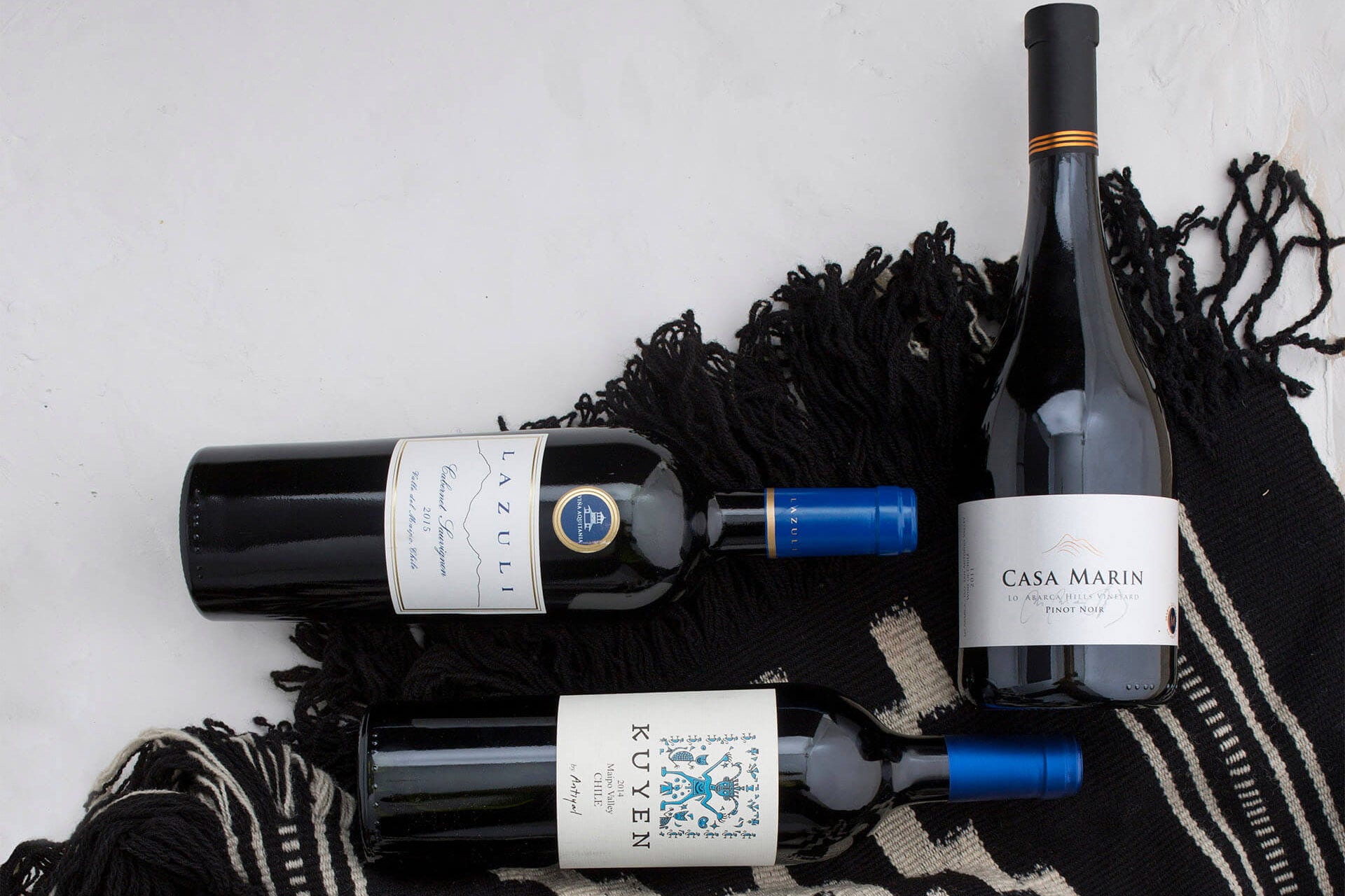 From left to right: Viña Aquitania 2015 Lazuli Cabernet Sauvignon; Antiyal 2014 Kuyen; Casa Marín 2011 Lo Abarca Hills Vineyard Pinot Noir.
