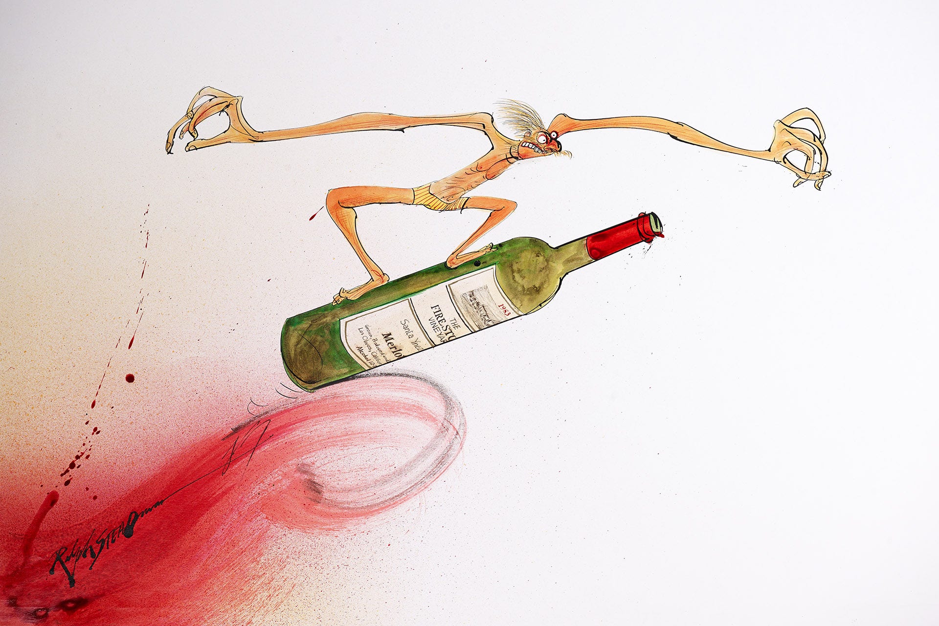 Illustration of man surfing on wine bottle by Ralph Steadman