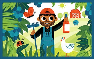 Illustration of a happy, eco-friendly farmer with wine