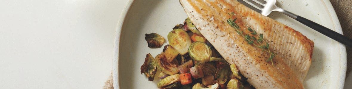 Idaho trout with roasted vegetable hash