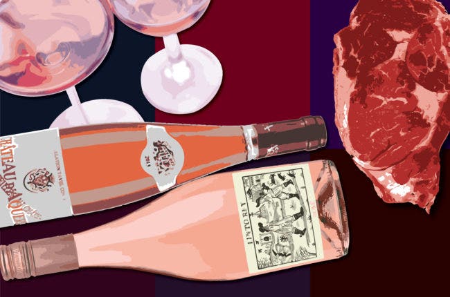 Illustration of various bottles of rosé with steak