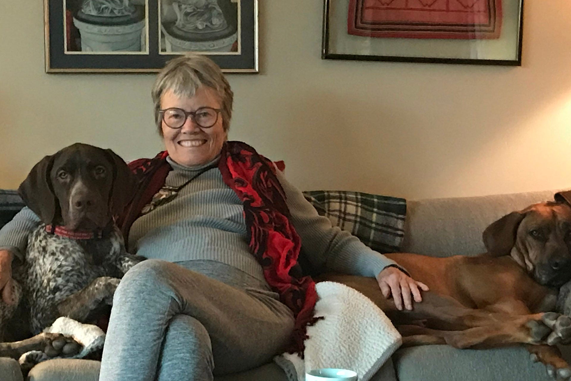 Older woman sitting on a modern couch with two dogs