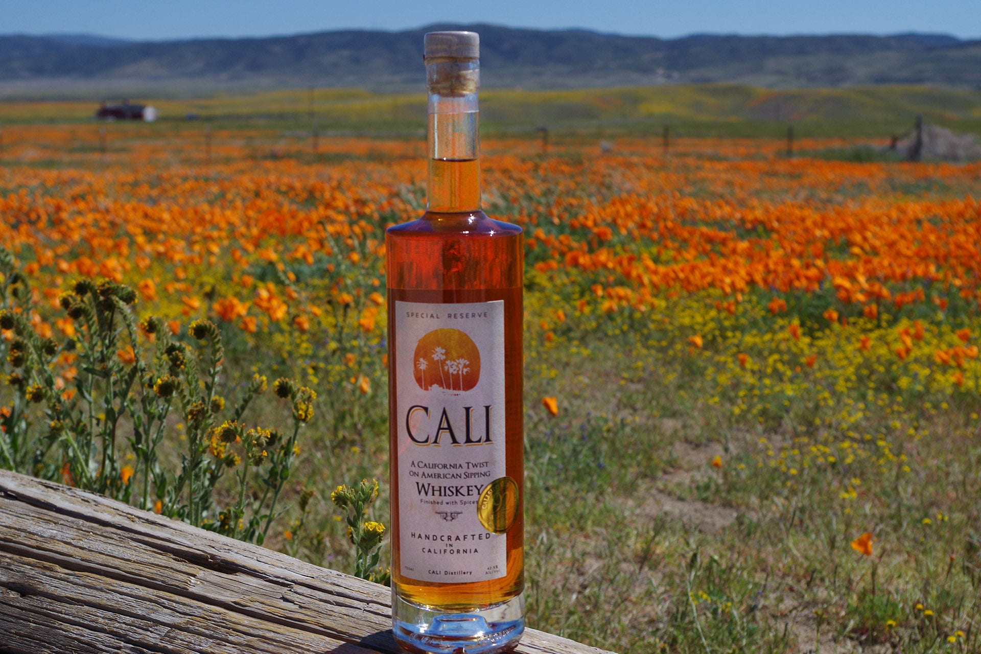 A slim bottle of whiskey in front of a field of bloomming poppies