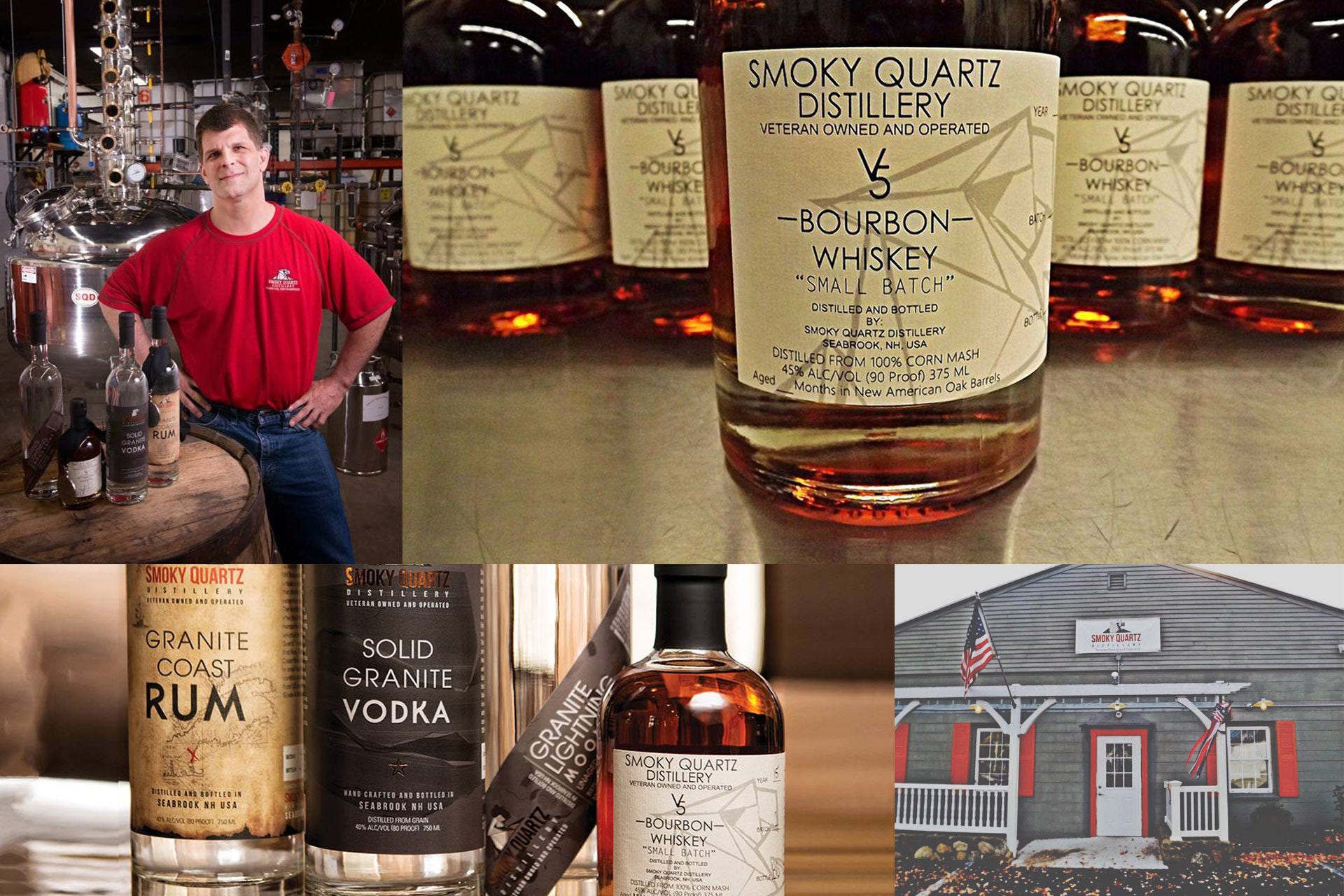 Four photos, one of a man smiling at the camera, two of bottles of whiskey, one of a barn