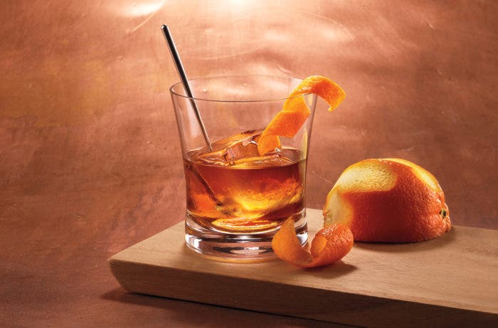 A rum Old Fashioned cocktail