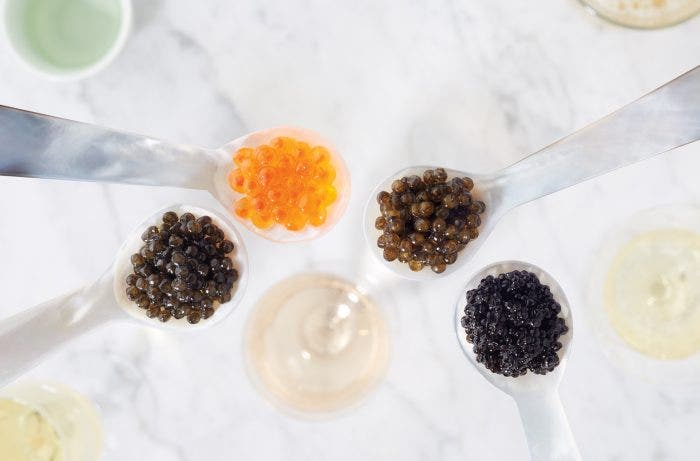 Caviar paired with different beer and wine.
