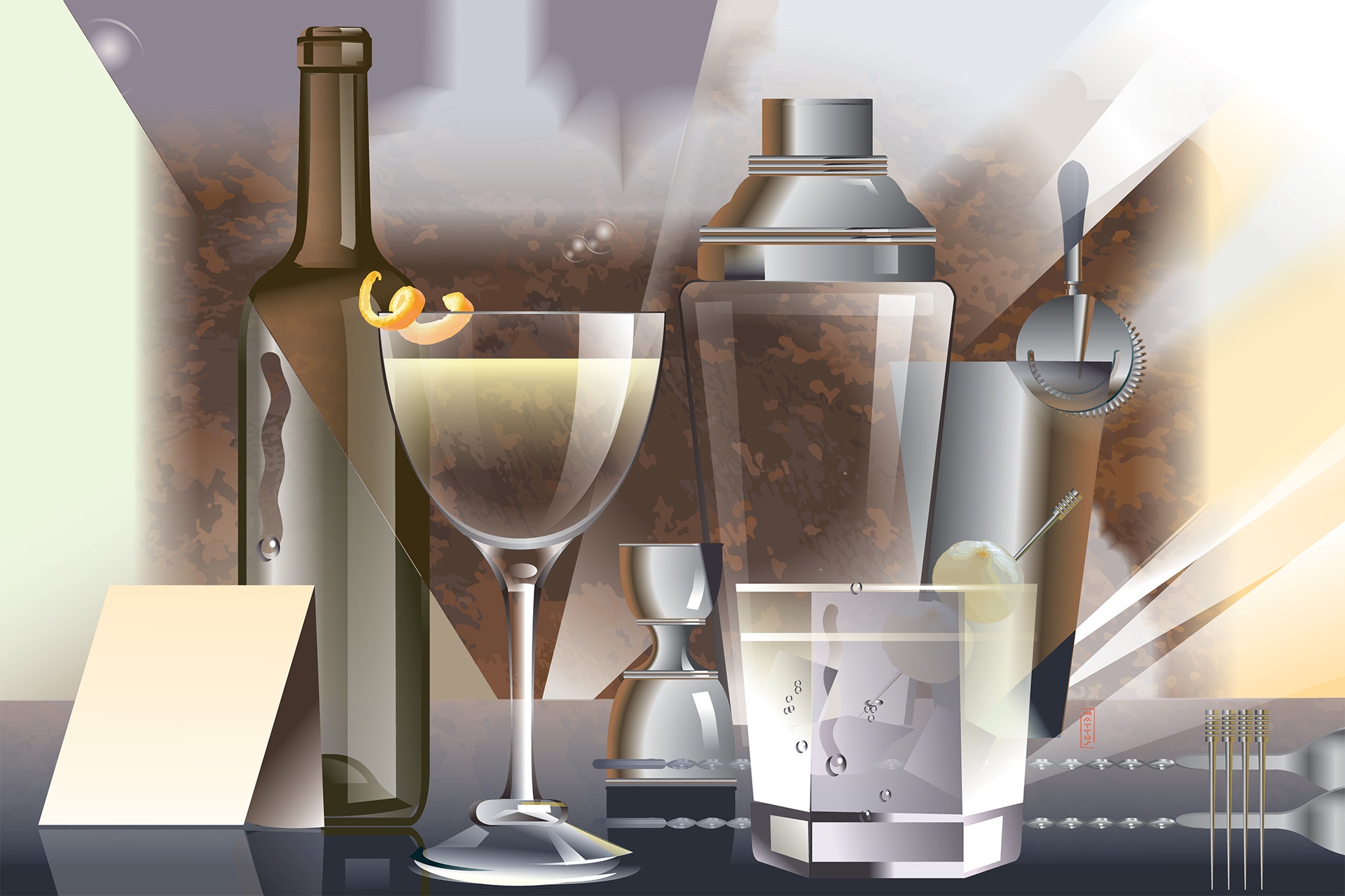 Art Deco-style illustration of martinis with Nick & Nora glass