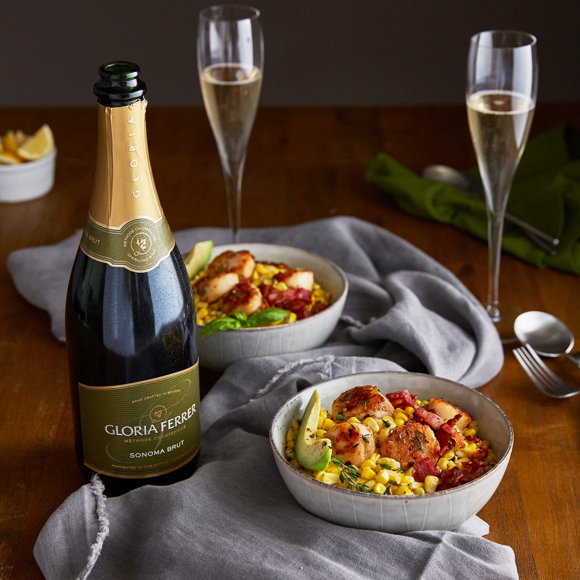 Gloria Ferrer Sonoma Brut & Brown Butter Scallop Salads with Corn, Bacon, and Avocado Salad