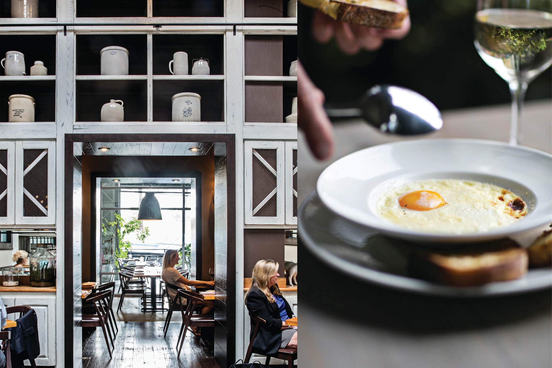 The dining room at Miller Union in Atlanta and a photo of an egg dish