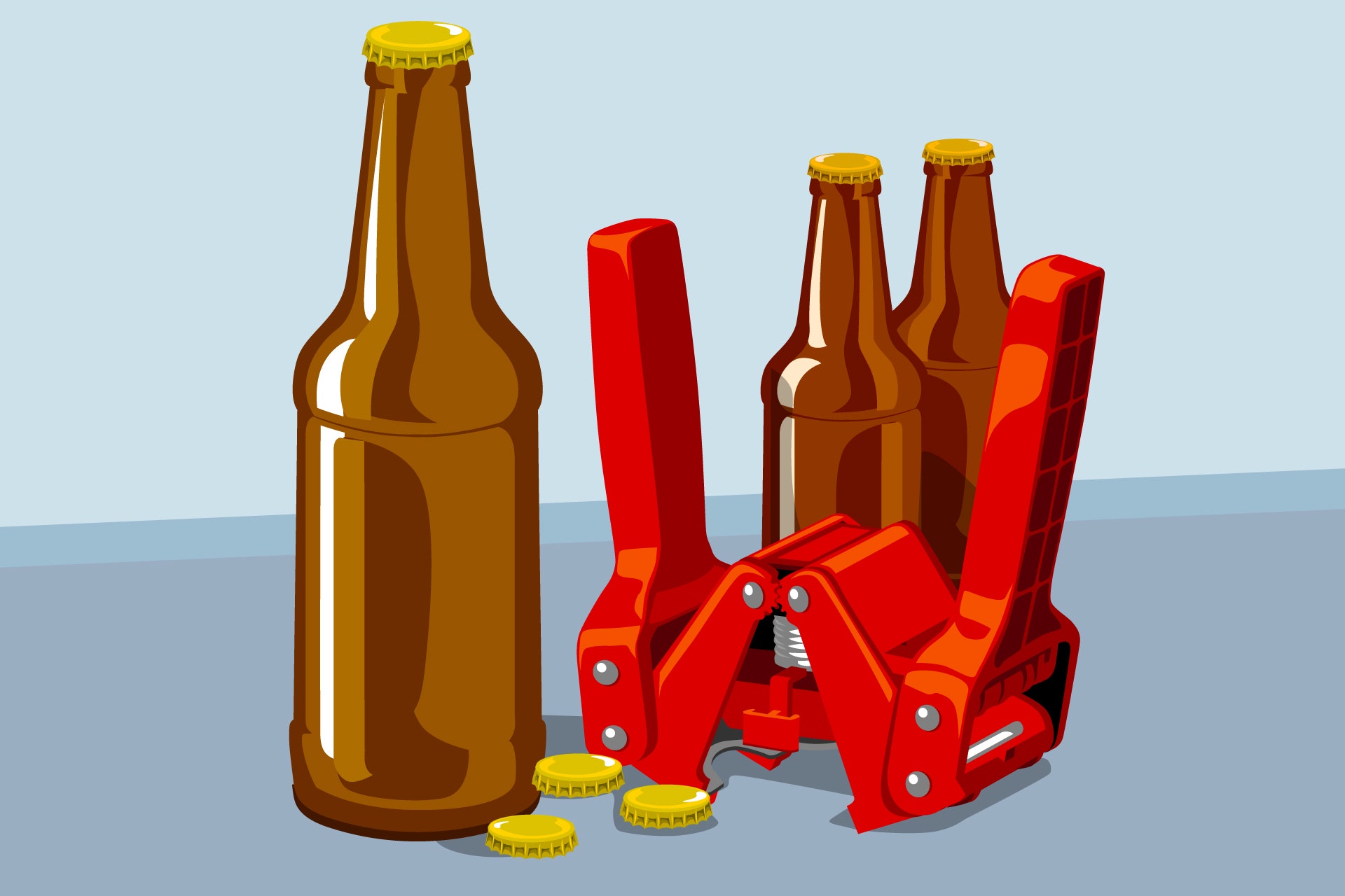 Illustration of beer bottles, caps, and mechanical bottle capper