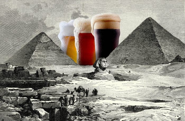 Pyramids with three pints of beer in the background.