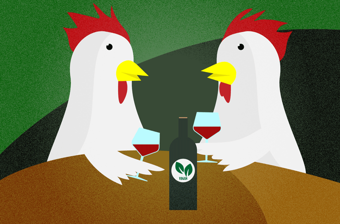Animation of two chickens drinking wine