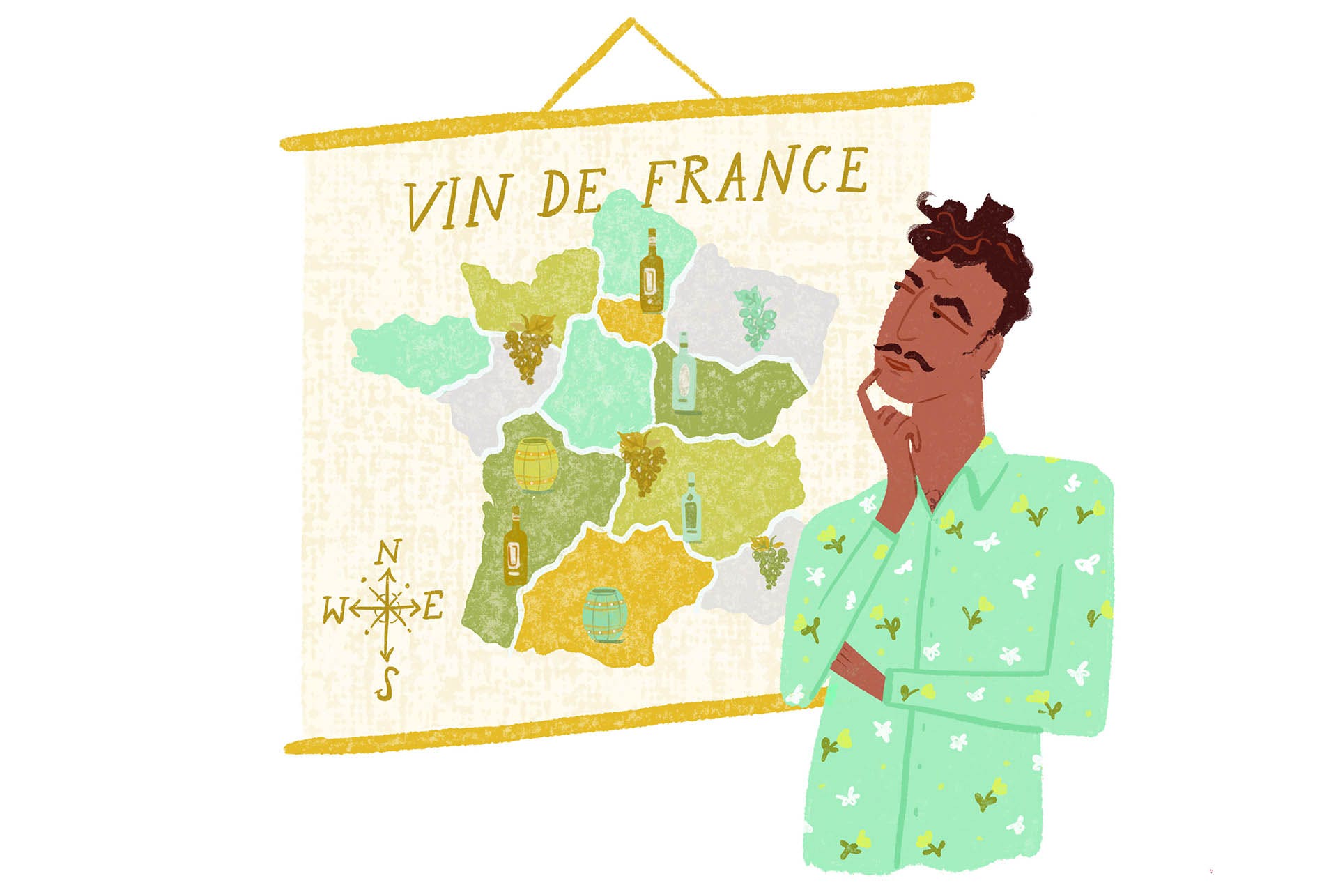 Illustration of man standing by map of French Wine Regions labeled Vin de France