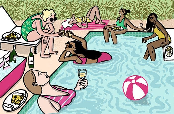 Illustration of friends swimming and lounging by a pool with wine all around