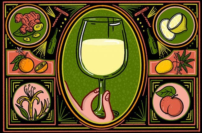 Illustration of a hand holding a white wine glass with pictures around it of different aromatic components such as citrus, grass, peach and ginger root.