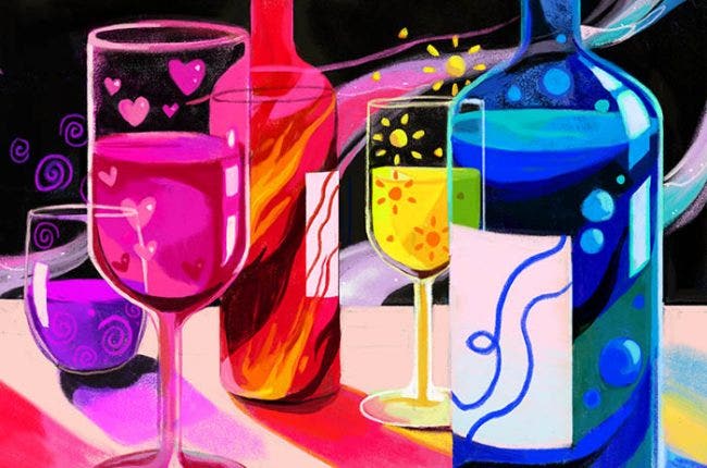 Illustration of two bottles and two wine glasses, each in a different vibrant color (pink, red, yellow and blue) with various emotional connotations (hearts in pink glass, fire in red bottle, suns in yellow glass)