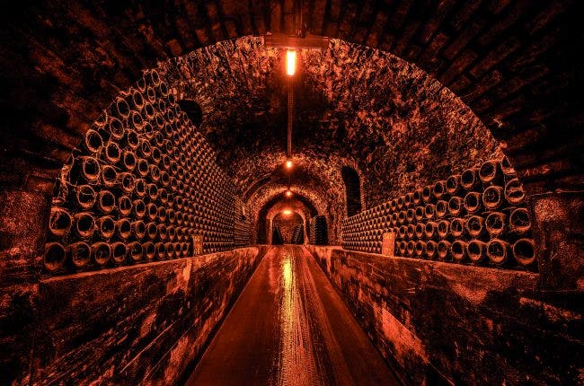 Photograph of an underground wine cellar cave from Billecart-Salmon in Champagne, France.