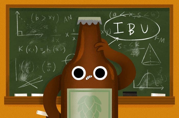 Illustration of a beer bottle looking confused and scratching its head in front of a school chalkboard with math and formulas scribbled on it and 