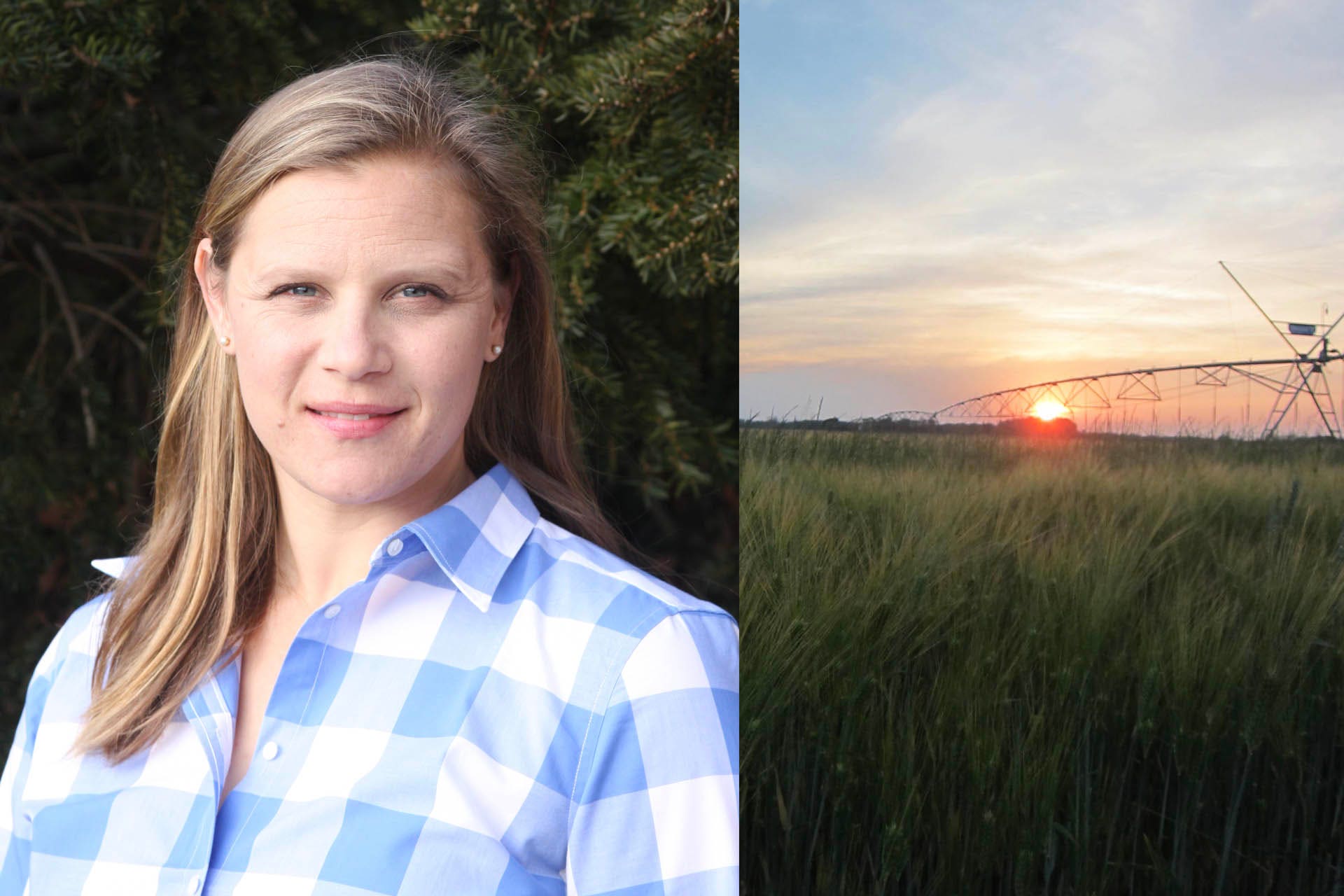 Portrait of Hillary Barile next to a sunset over Rabbit Hill Barley
