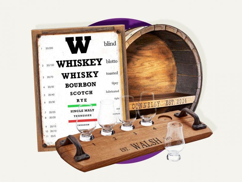 3 whiskey gifts on a designed background
