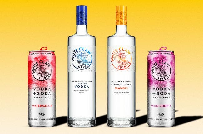 White Claw Vodka and Vodka Sodas on a designed background