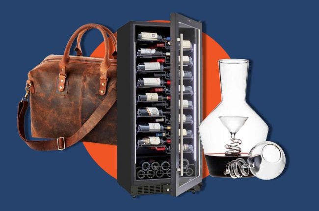 3 wine products for father's day on a designed background